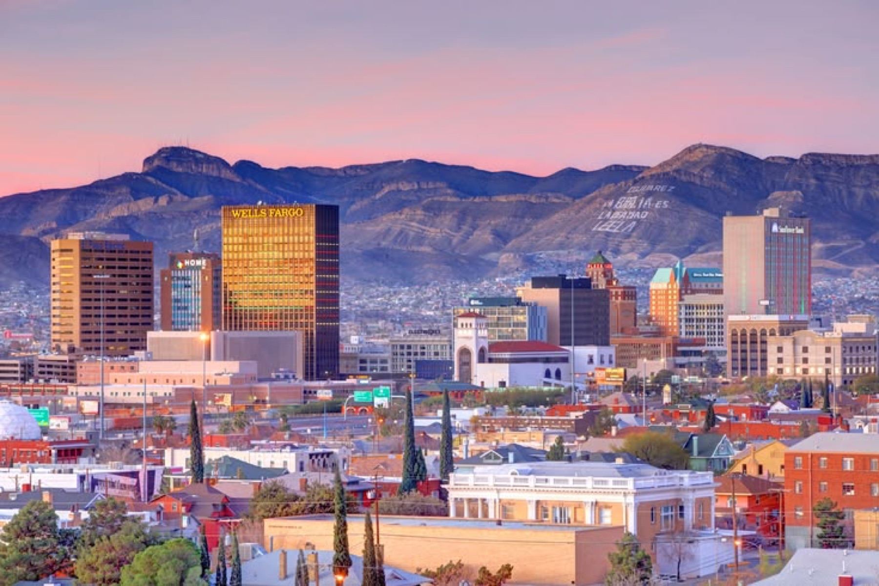 Downtown El Paso, Texas, with the Franklin Mountains and Juarez beyond